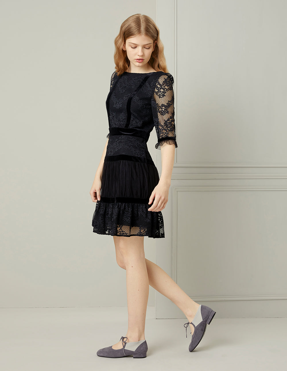 BORA AKSU Black Lace Ruffle Boat-Neck Mini Dress