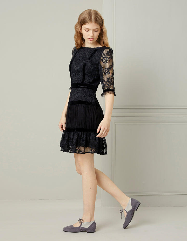 BORA AKSU Black Lace Ruffle Boat-Neck Mini Dress