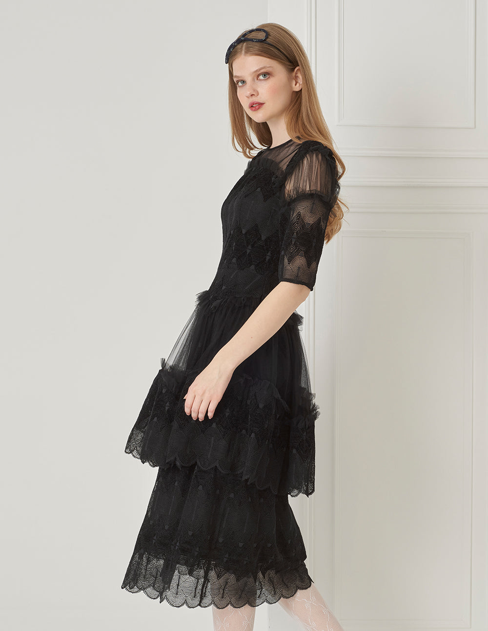 BORA AKSU Tulle-Panelled Lace Pleated Dress