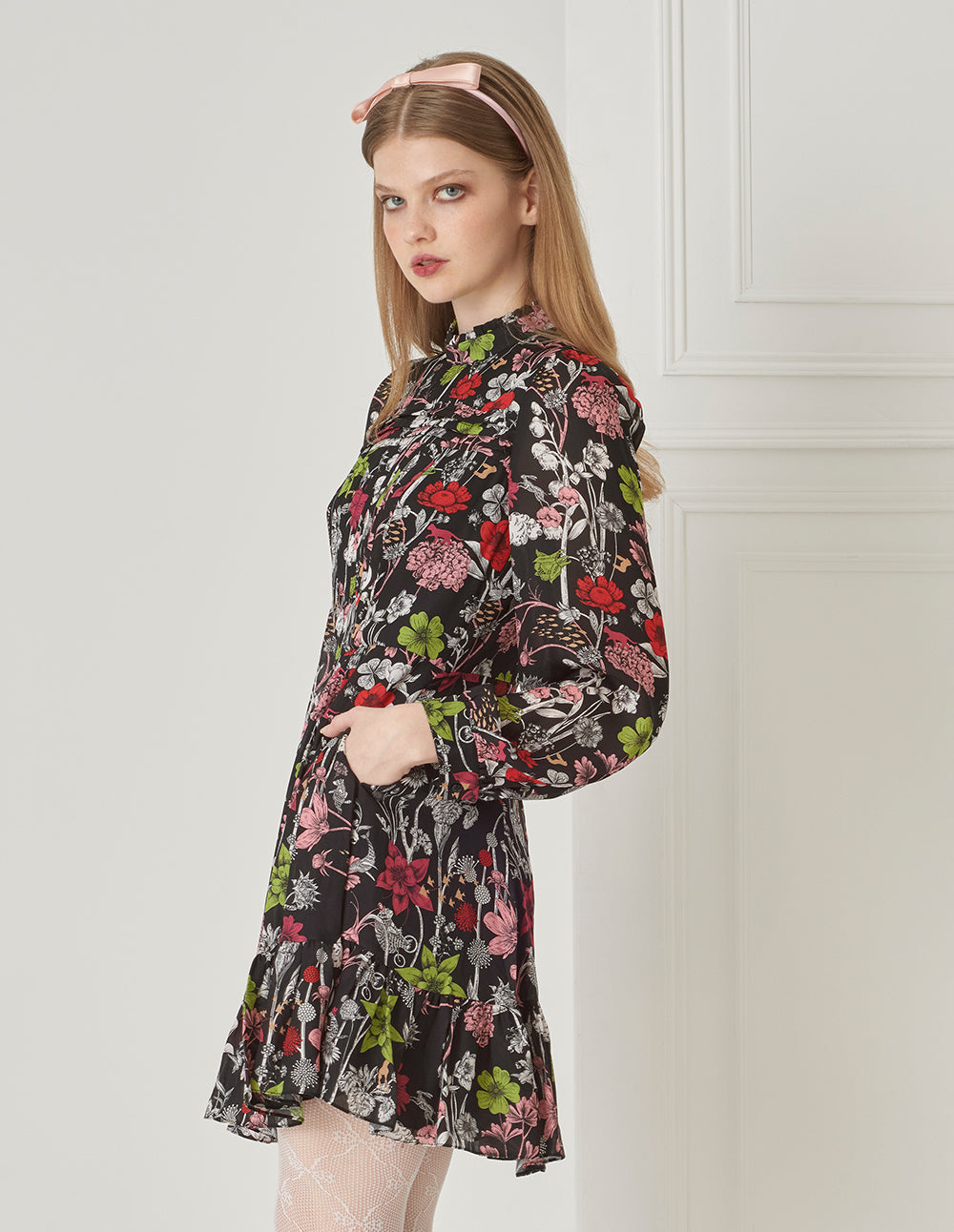 BORA AKSU Vintage Puff Sleeve Stand Collar Silk Print Floral Dress