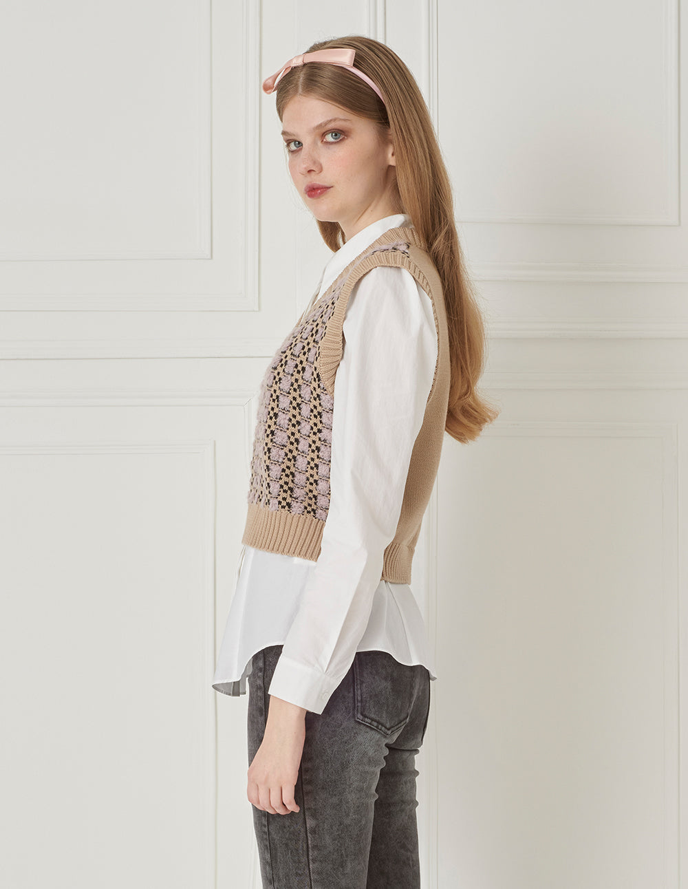 BORA AKSU V-Neck Jacquard Wool Knit Short Vest