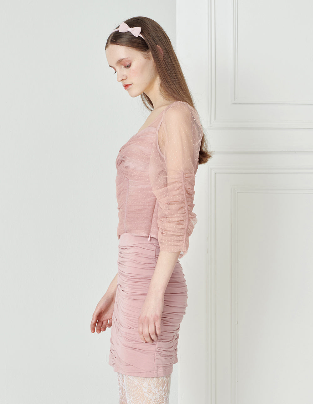 BORA AKSU Ballet Style Twisted Mesh Pleated Hem Short Top