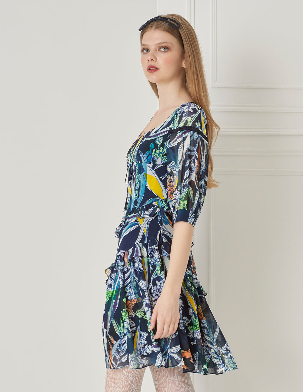 BORA AKSU French Puff Sleeve Designer Hand-Painted Print Dress
