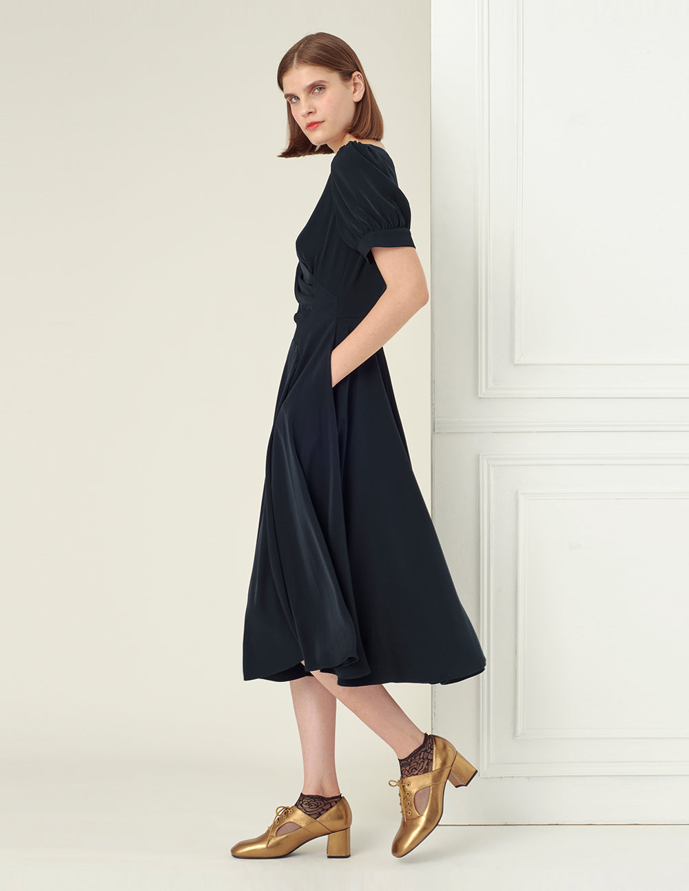 BORA AKSU Cross-over V-neck puff sleeves pleated waist dress