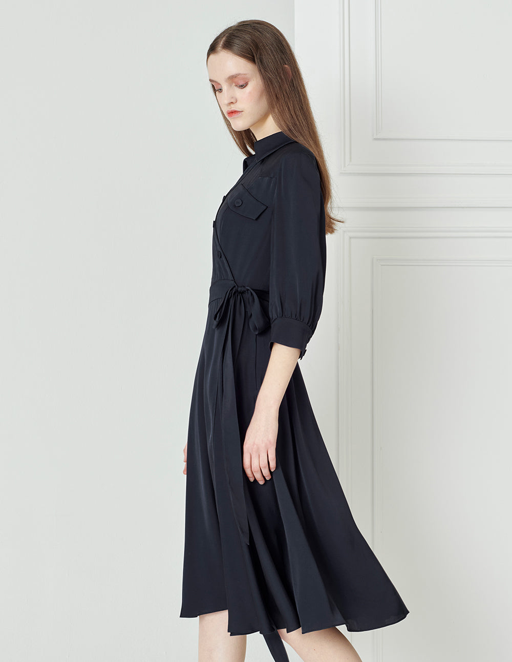 BORA AKSU French Acetate Puff Sleeve Navy Blue Dress