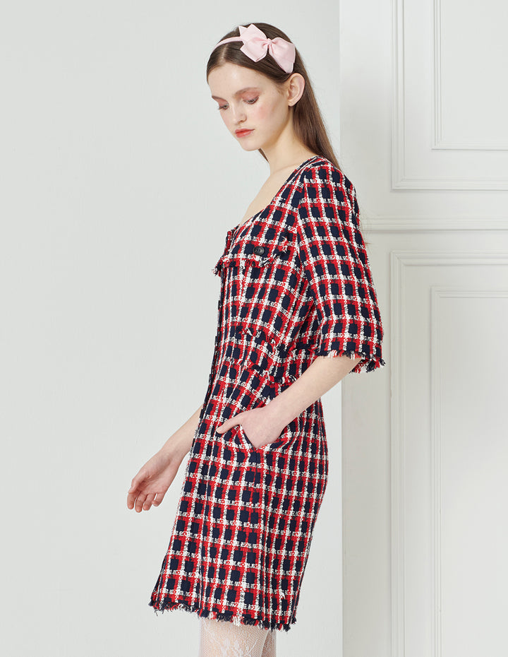 BORA AKSU Red And Blue Tweed Vintage Diamond Neck Dress