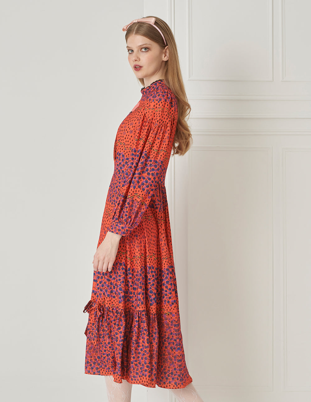 BORA AKSU Puff Sleeve Hollow Stand Collar Floral Dress