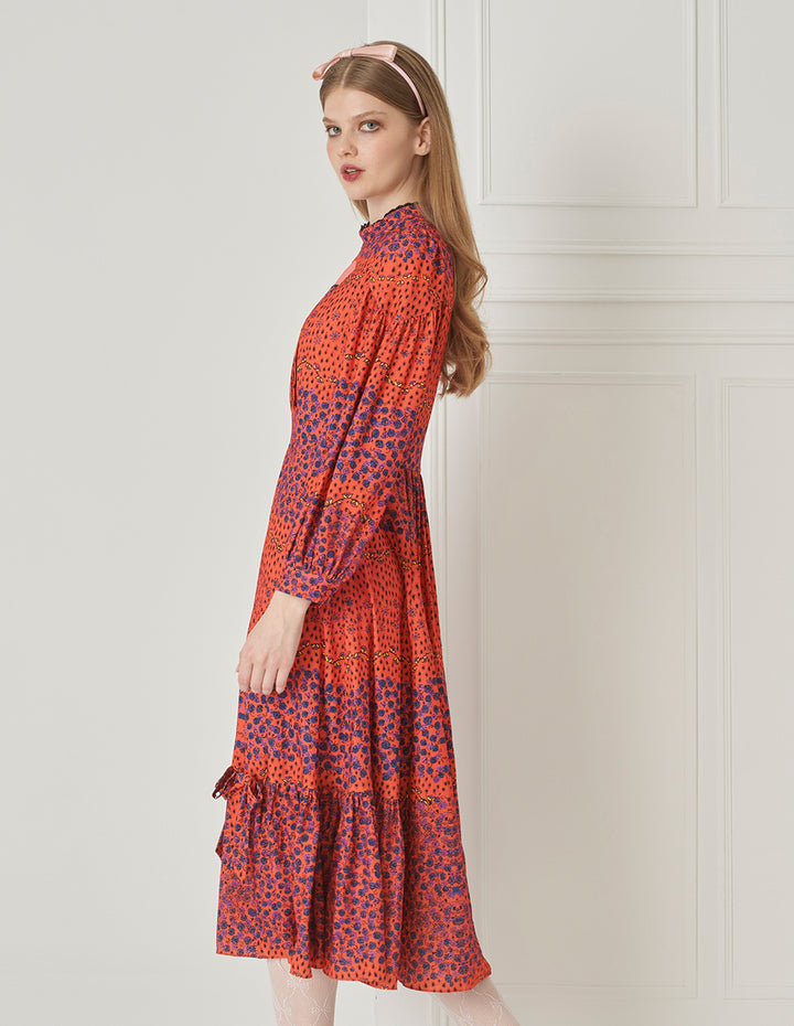 BORA AKSU Puff Sleeve Hollow Stand Collar Floral Dress