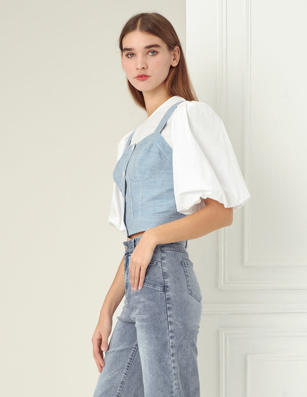 BORA AKSU Light blue twill denim suspenders
