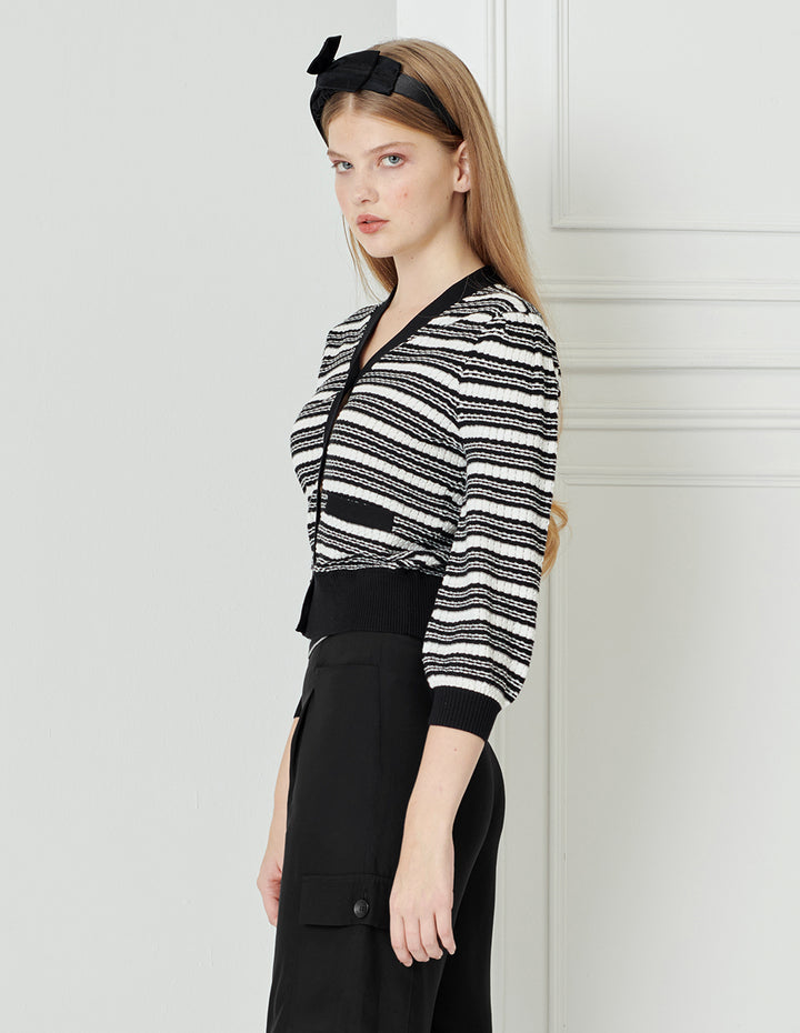 BORA AKSU V-Neck 3/4 Sleeve Black And White Striped Knitted Cardigan