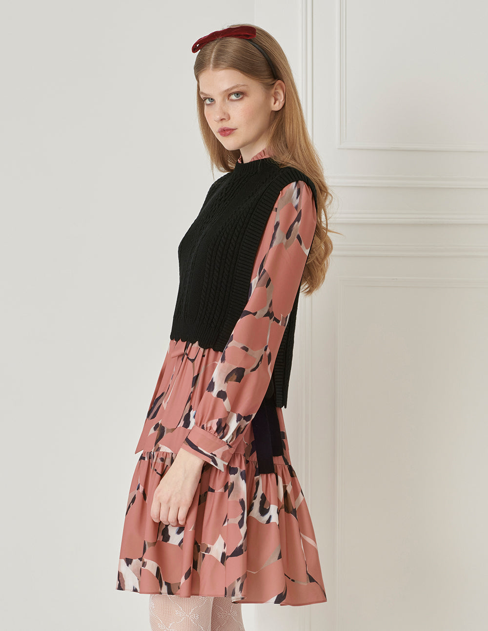 BORA AKSU Puff Sleeves, Stand Collar, Pleated Printed Dress