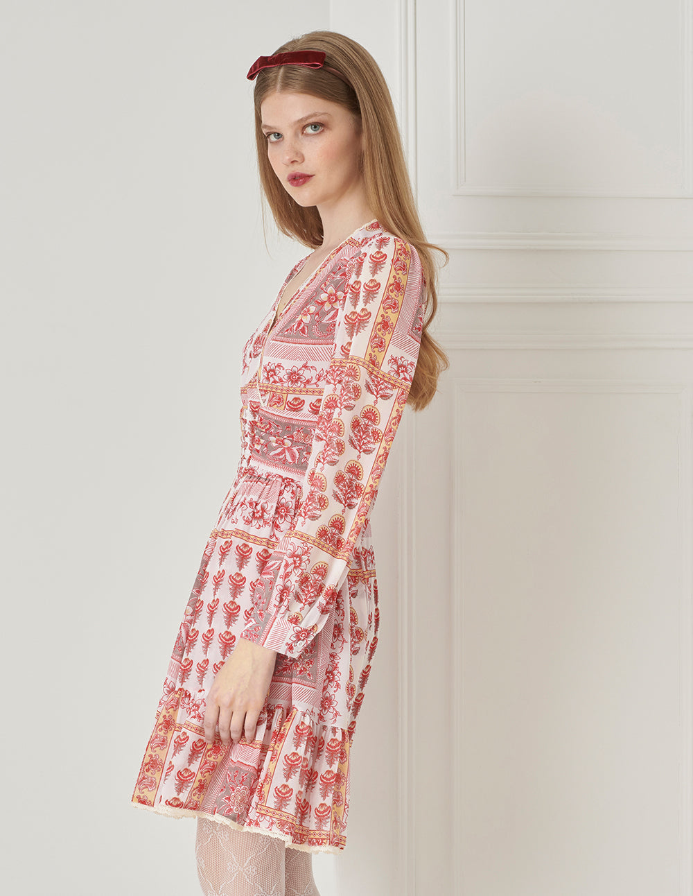 BORA AKSU French Puff Sleeve V-Neck Pleated Print Dress