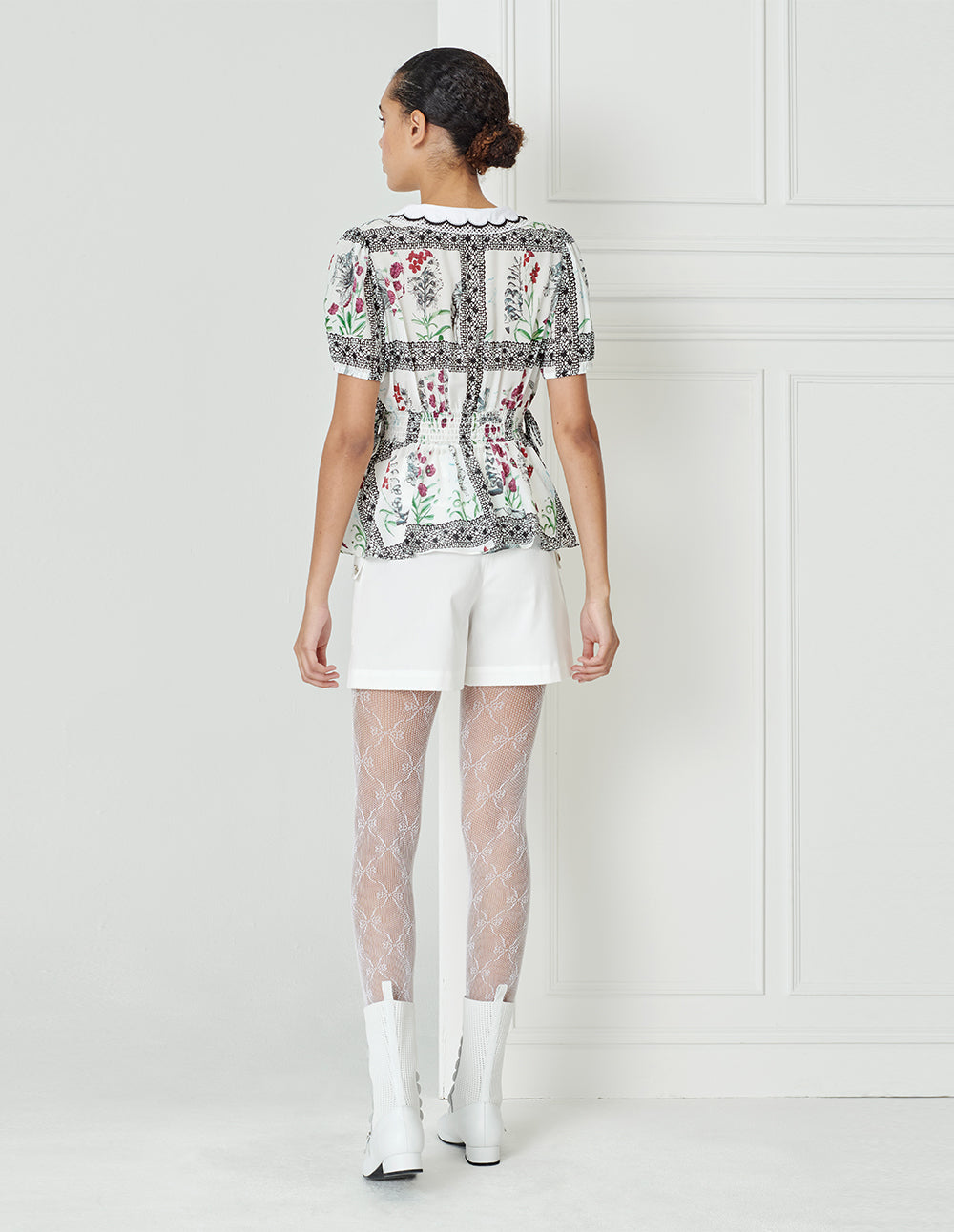 BORA AKSU Peter Pan Detailing Embroidered Collar Waist Print Top