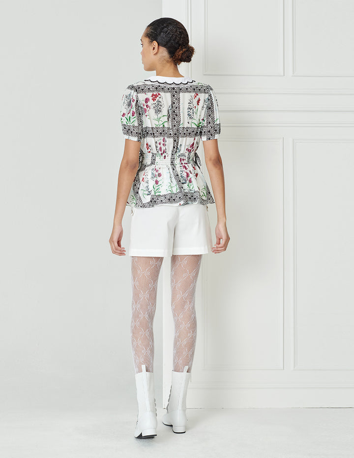 BORA AKSU Peter Pan Detailing Embroidered Collar Waist Print Top