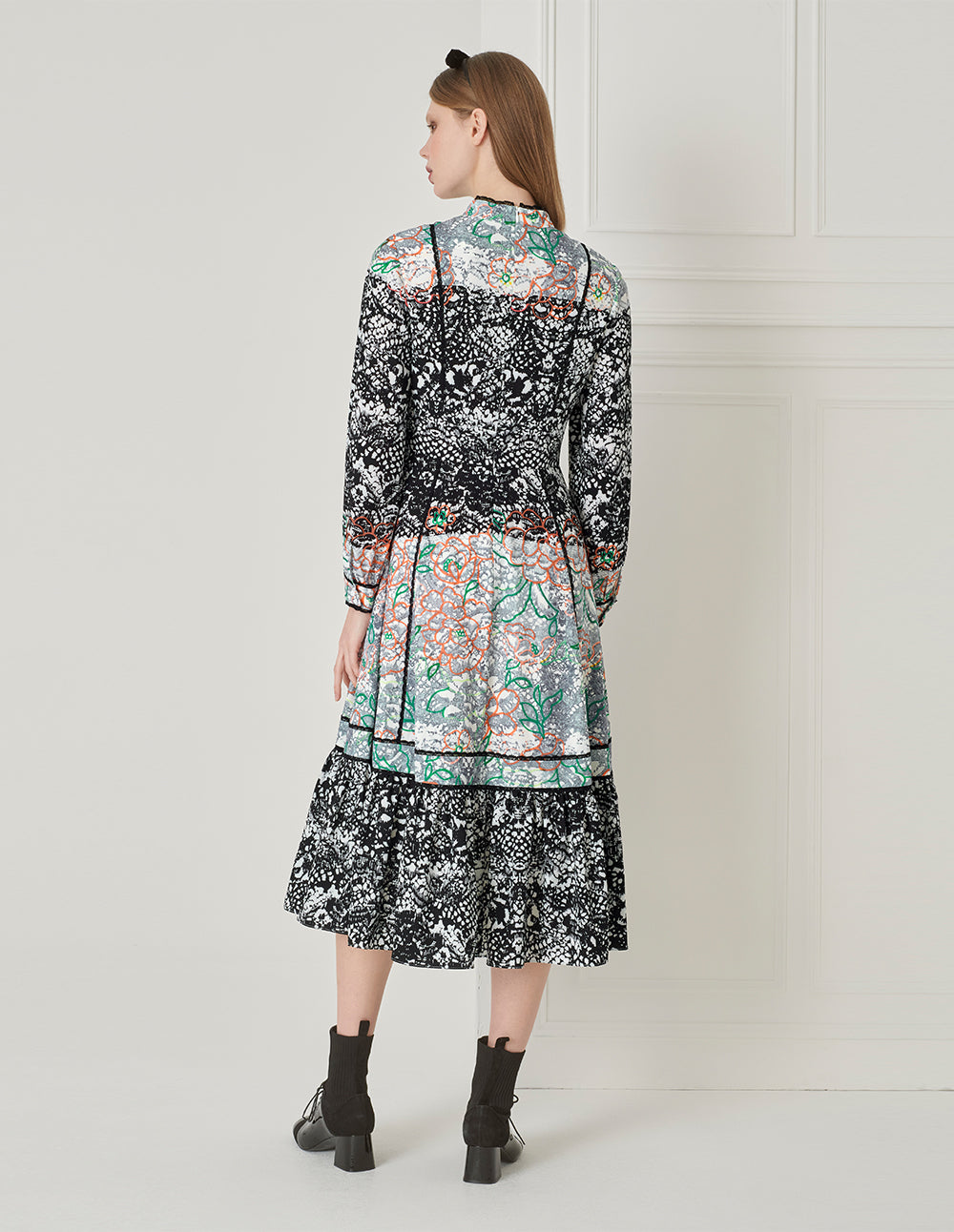BORA AKSU French Retro Puff Sleeve Stand Collar Printed Dress