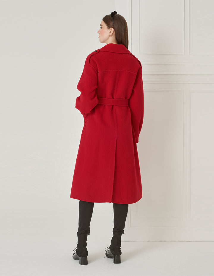 BORA AKSU Elegant Red Lantern Sleeve Lapel Lace-Up Woolen Coat