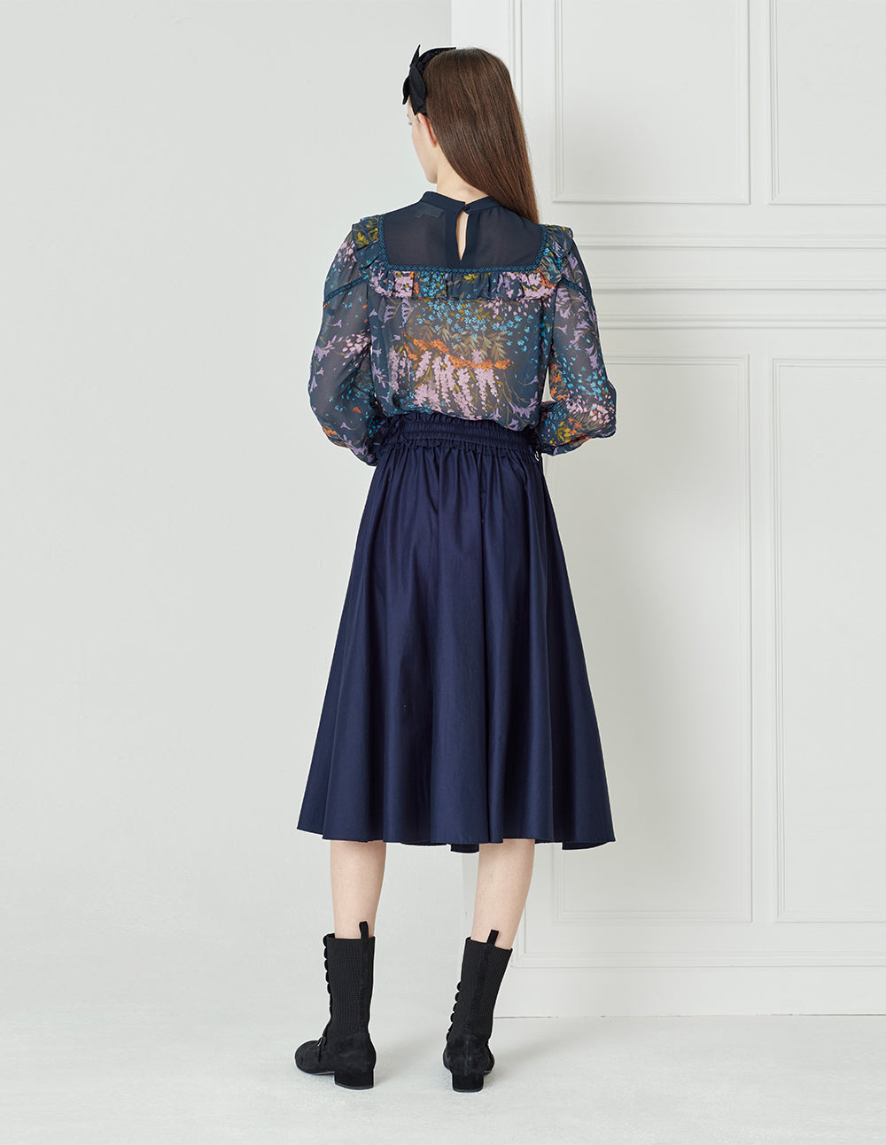 BORA AKSU Dark Blue Colour-Blockruffle Neck Puff Sleeve Floral Top