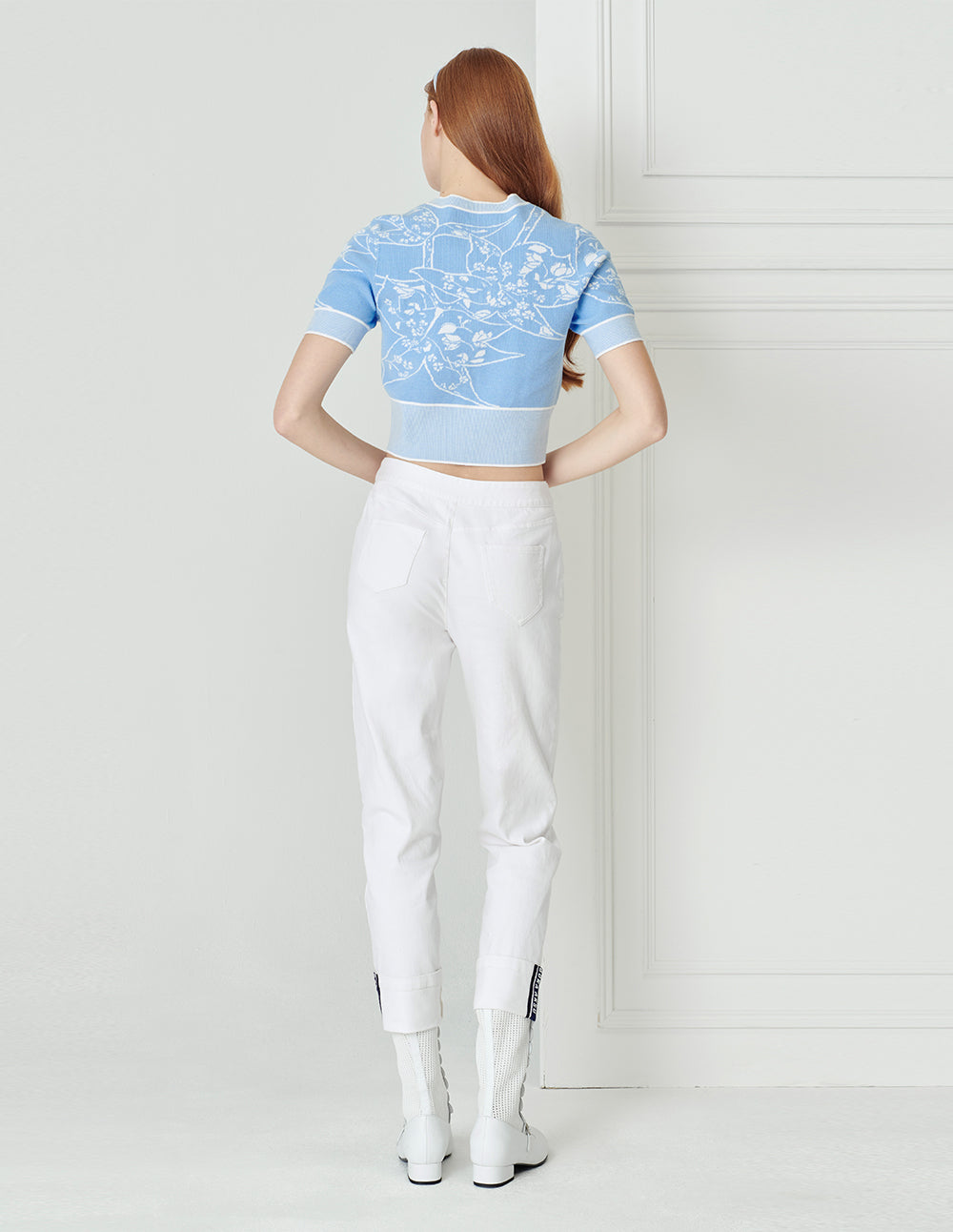 BORA AKSU Light Blue Jacquard V-Neck Short-Sleeve Knitted Cardigan