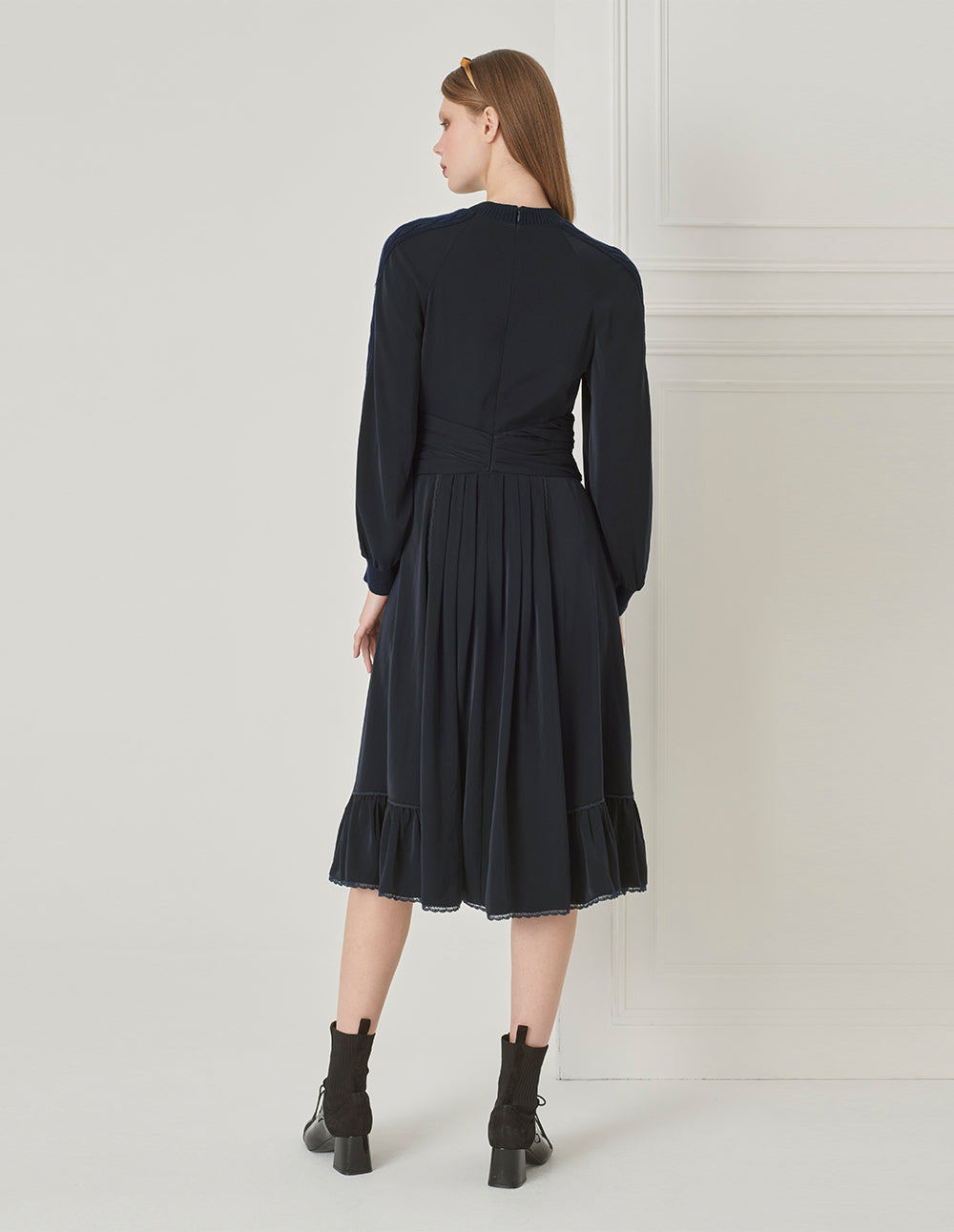 BORA AKSU French Puff Sleeve Elegant Pleated Knit Woven Dress