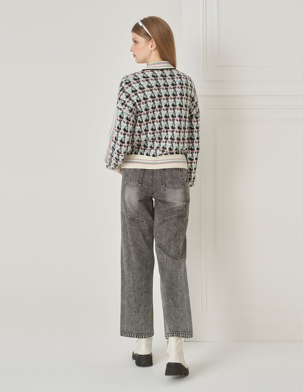 BORA AKSU Retro Texture Houndstooth Jacquard Texture Knitted Cardigan