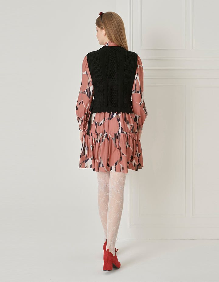 BORA AKSU Puff Sleeves, Stand Collar, Pleated Printed Dress