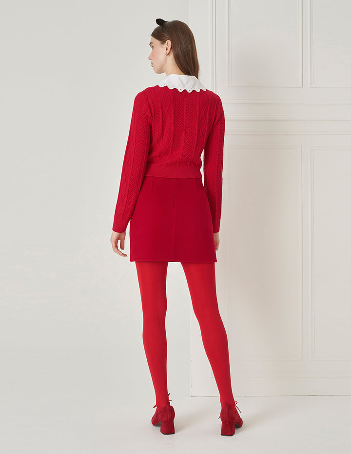BORA AKSU Red A-Line Woollen Oblique Buttons Skirt