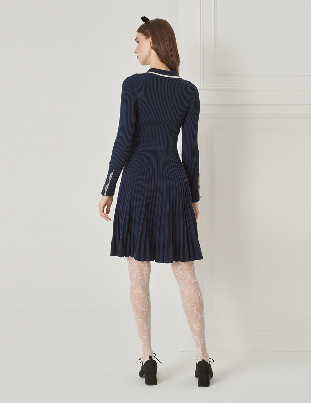BORA AKSU Small Lapels Half-Front Pleated Wool Dress