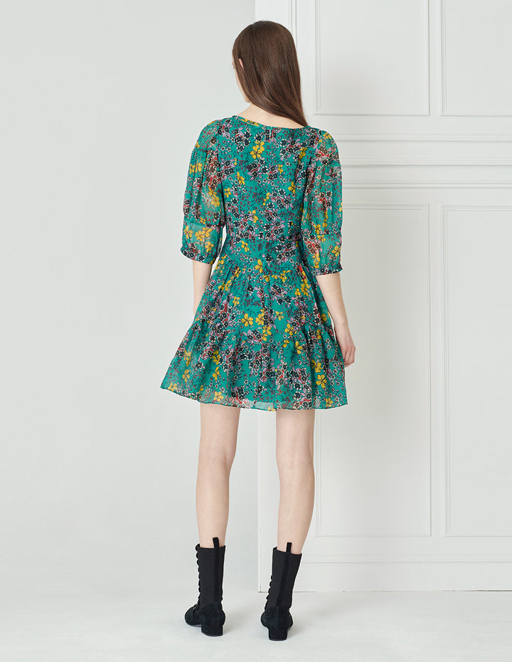 BORA AKSU Colourful Printed Silk Puff Sleeve Dress On Blue