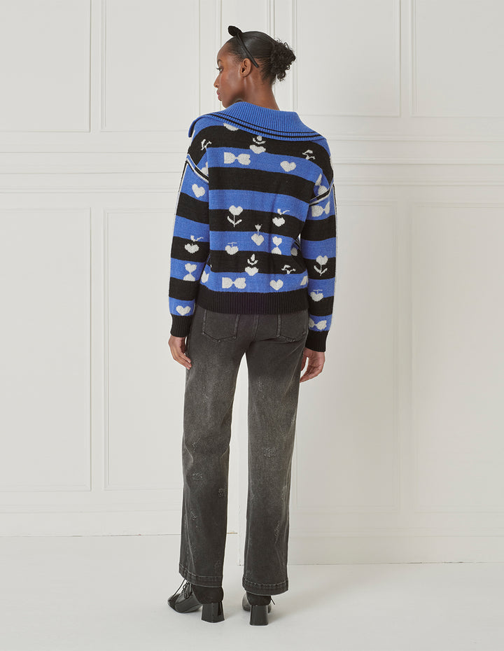 BORA AKSU Vintage Large Lapel Half Cardigan Heart Jacquard Pullover