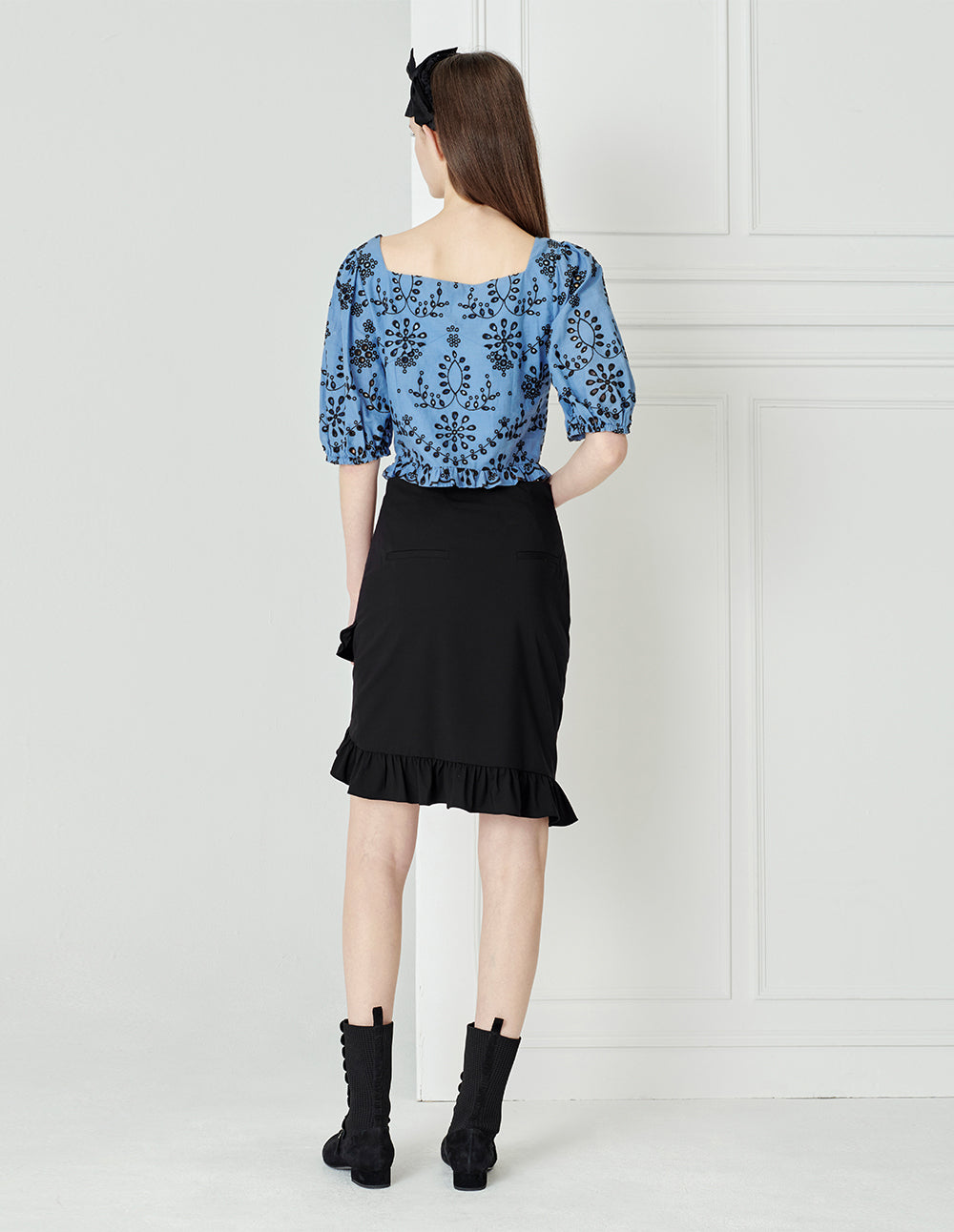 BORA AKSU Diamond Collar Fog Blue Cutout Embroidery Top