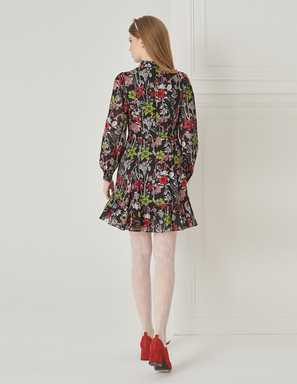 BORA AKSU Vintage Puff Sleeve Stand Collar Silk Print Floral Dress