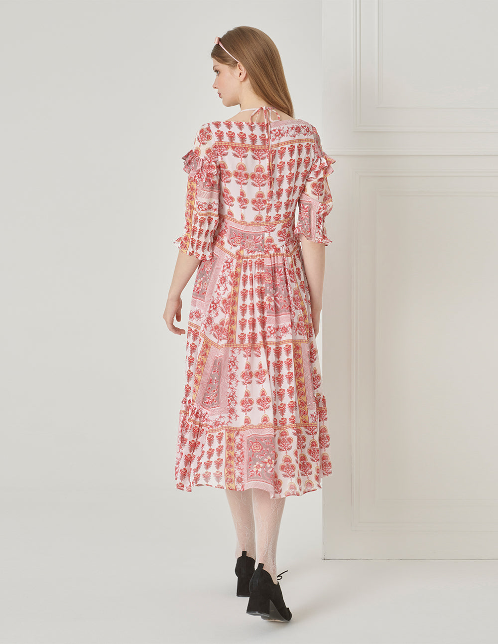 BORA AKSU Vintage Square Neck Tie Pleated Print Dress