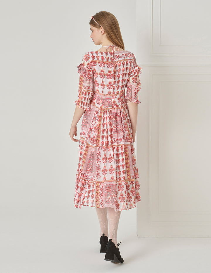 BORA AKSU Vintage Square Neck Tie Pleated Print Dress