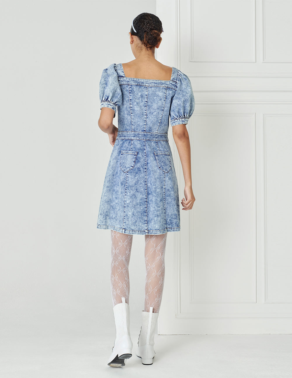 BORA AKSU French Puff Sleeve Square Neck Washed Blue Denim Dress