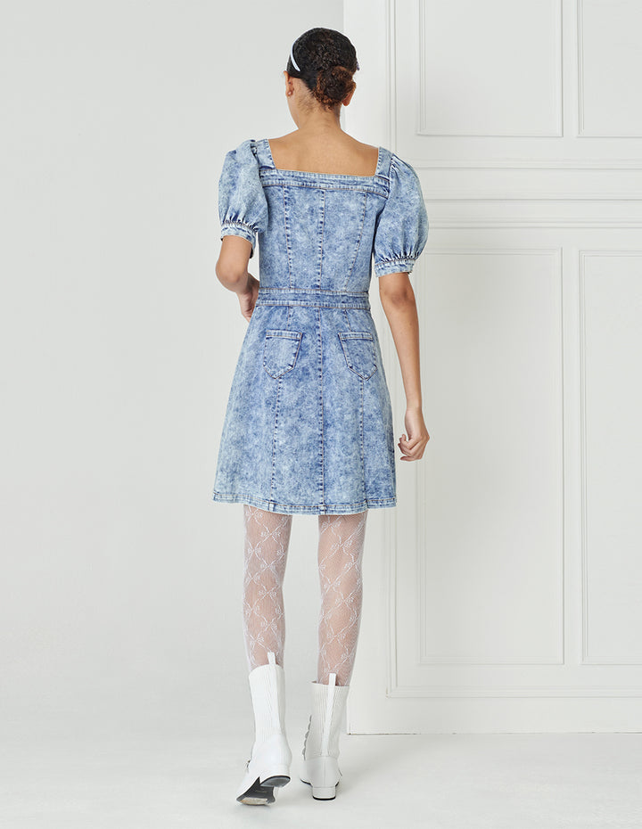 BORA AKSU French Puff Sleeve Square Neck Washed Blue Denim Dress