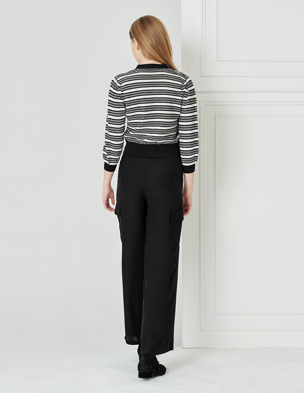 BORA AKSU V-Neck 3/4 Sleeve Black And White Striped Knitted Cardigan