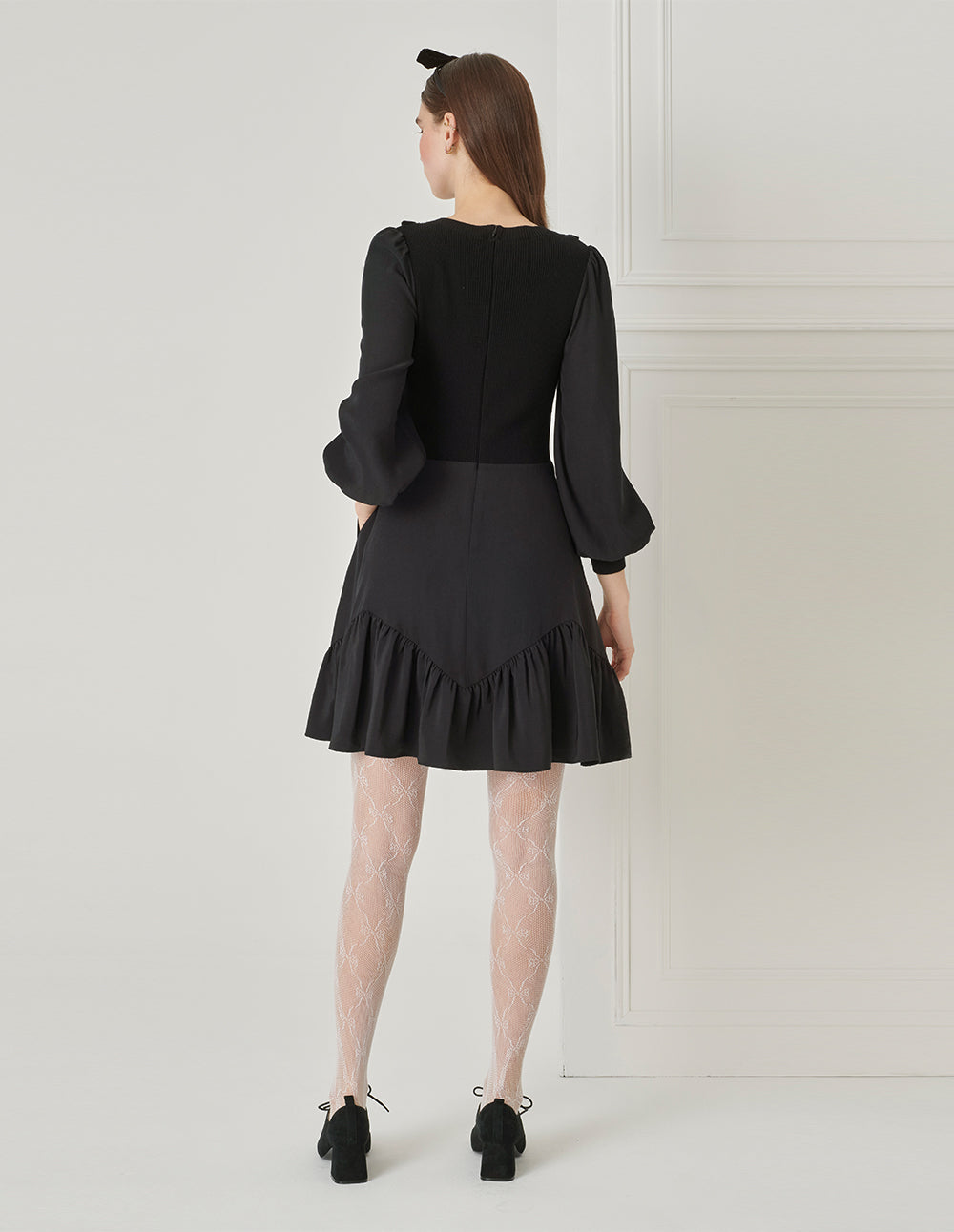 BORA AKSU Puff Sleeve V-Neck Wool Needlepoint A-Line Black Dress