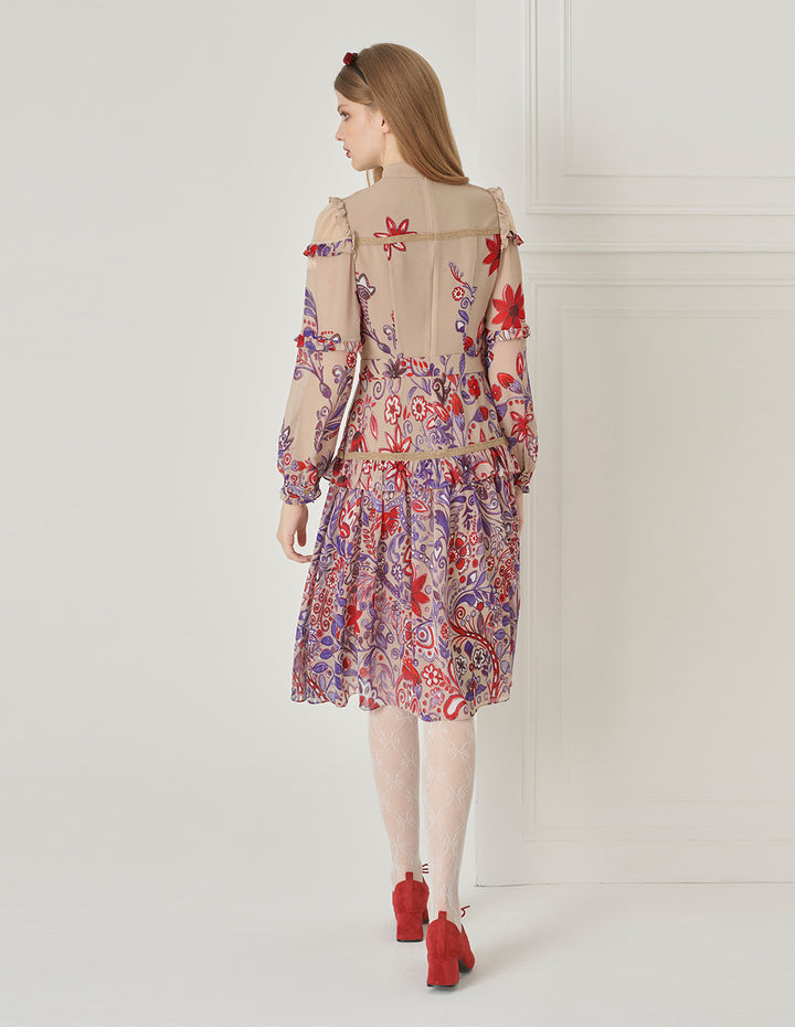 BORA AKSU French Sweet Stand-Up Collar Puff Sleeve Printed Dress