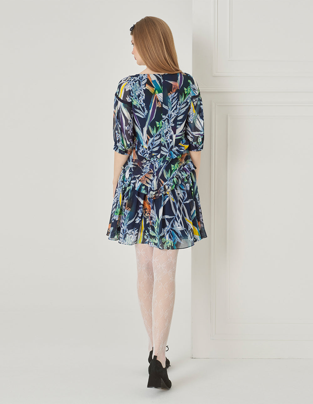 BORA AKSU French Puff Sleeve Designer Hand-Painted Print Dress
