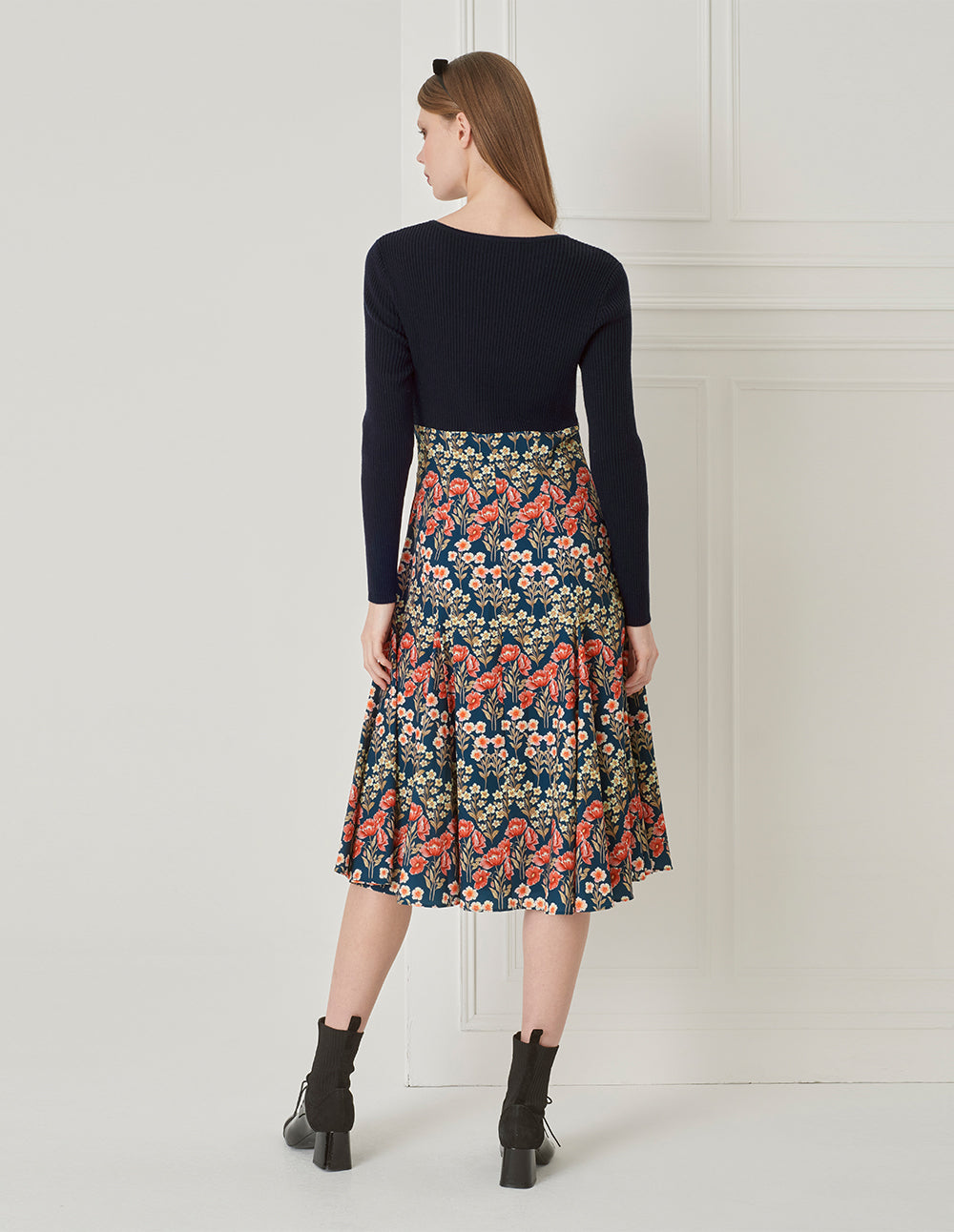 BORA AKSU Retro Diamond Collar Knit Woven Patchwork Printed Dress