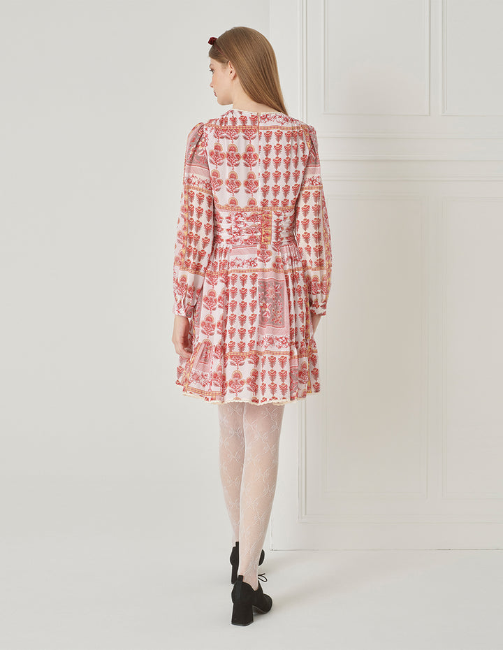 BORA AKSU French Puff Sleeve V-Neck Pleated Print Dress