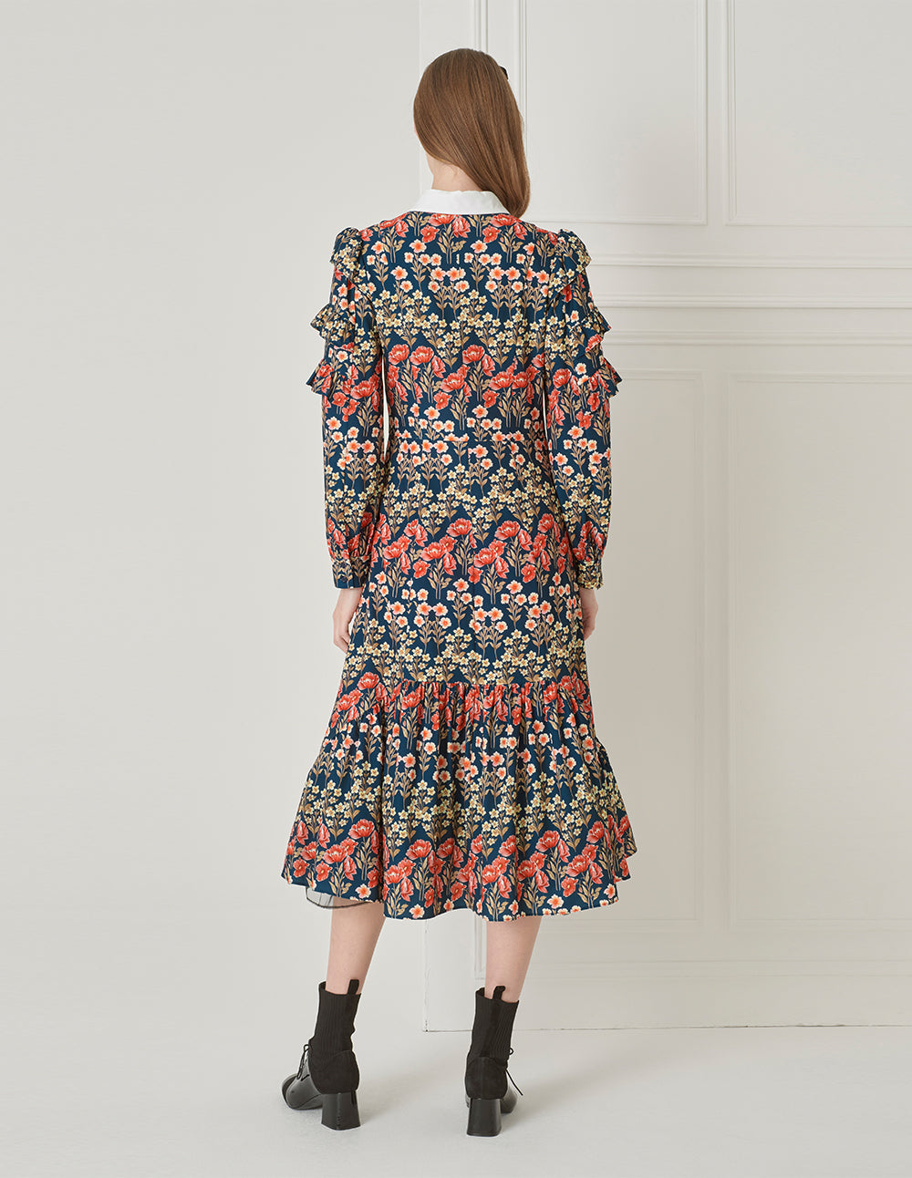 BORA AKSU Retro Lapel Puff Sleeve Fishtail Print Dress