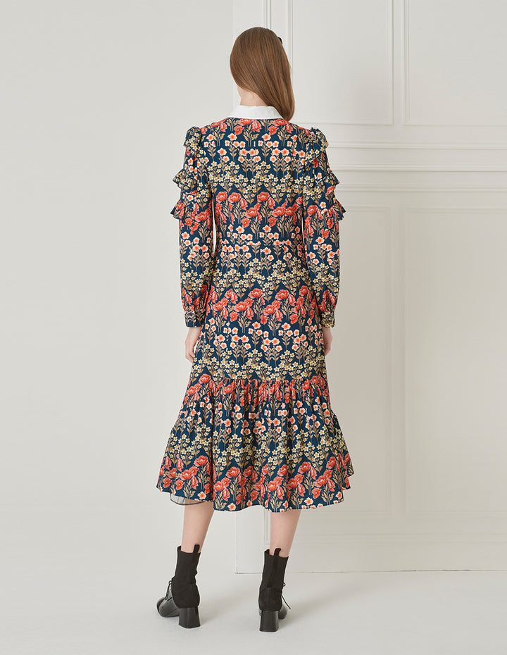 BORA AKSU Retro Lapel Puff Sleeve Fishtail Print Dress