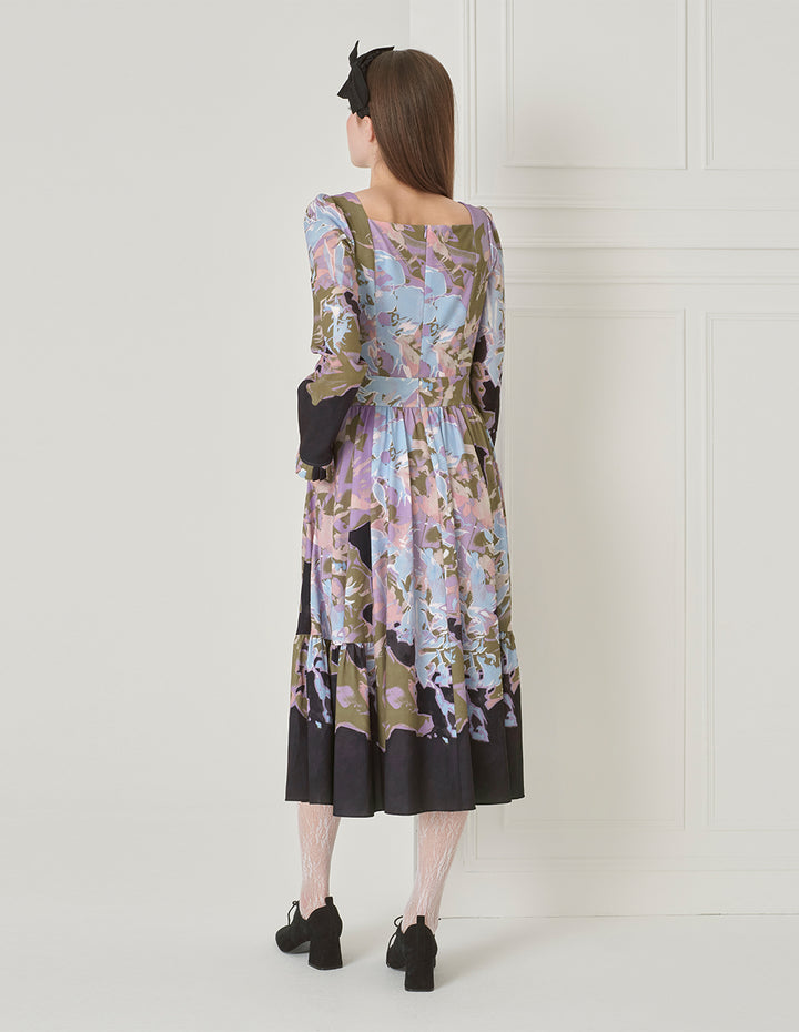 BORA AKSU French Vintage Diamond Collar Pleated Print Dress