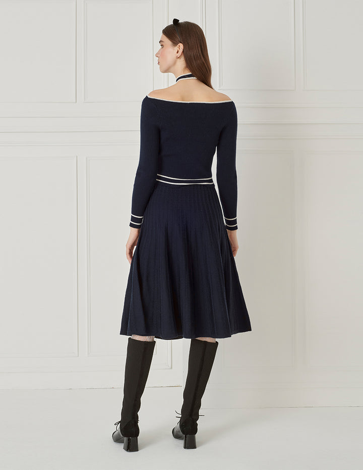 BORA AKSU Halterneck Off-The-Shoulder Blue And White Colourblock Wool Pullover