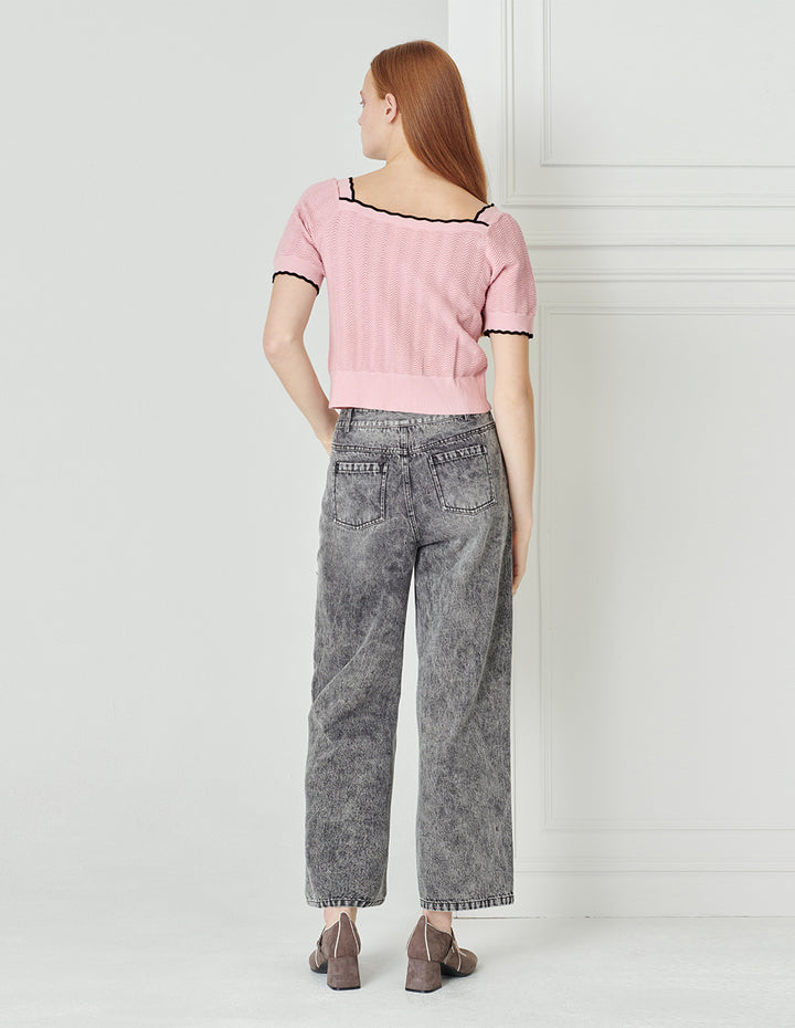 BORA AKSU Textured Short-sleeved Contrasting Colors Knitted Cardigan