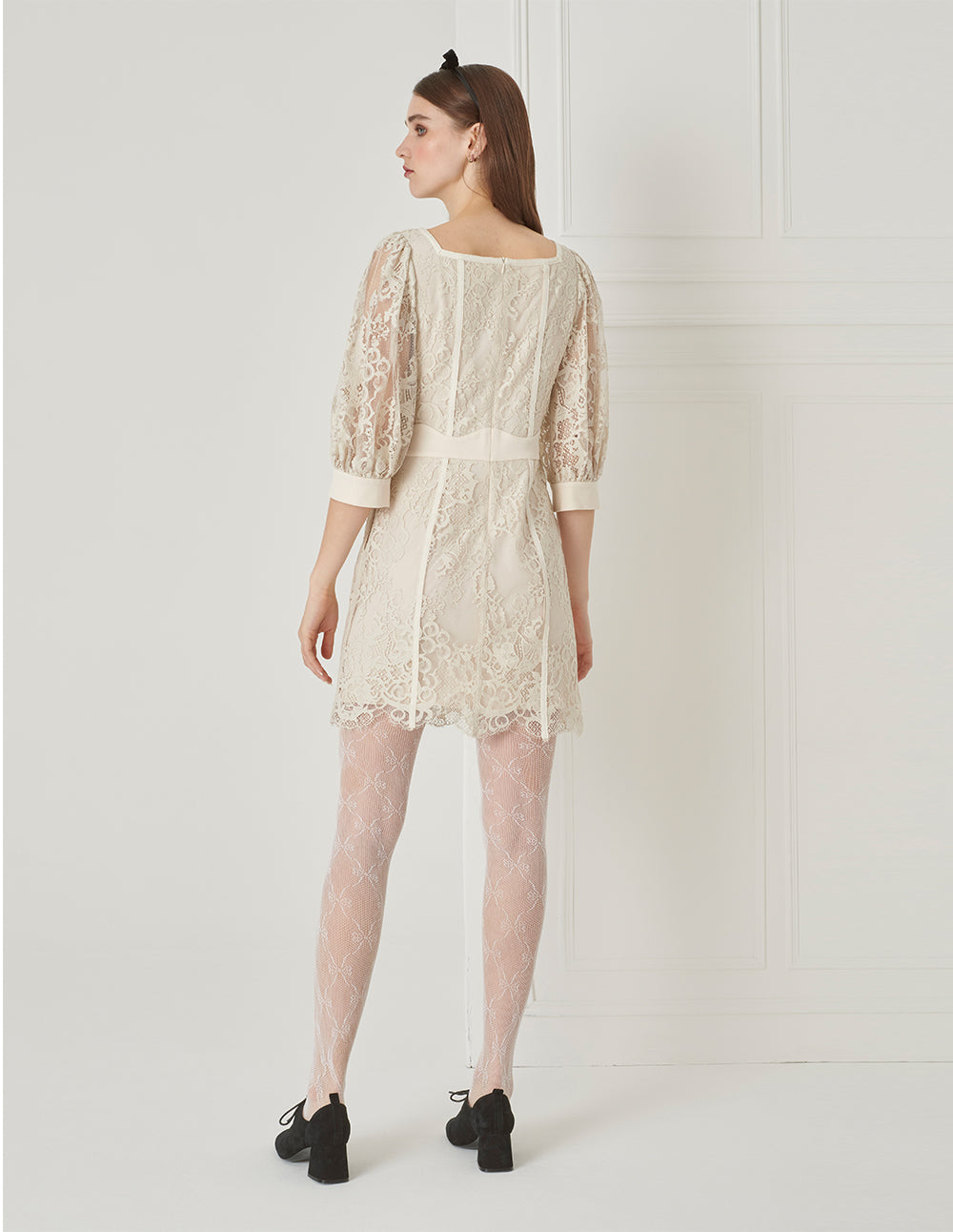 BORA AKSU French Vintage Puff Sleeve Diamond Collar Lace Dress