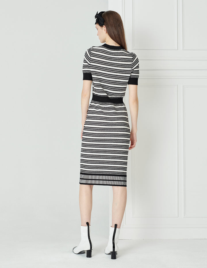 BORA AKSU Black And White Striped Round Neck Short-Sleeved Long Knitted Dress
