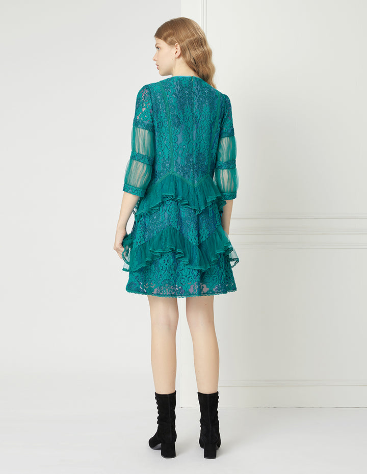 BORA AKSU Turquoise Blue Mesh Lace Ruffled Lace Mini Dress