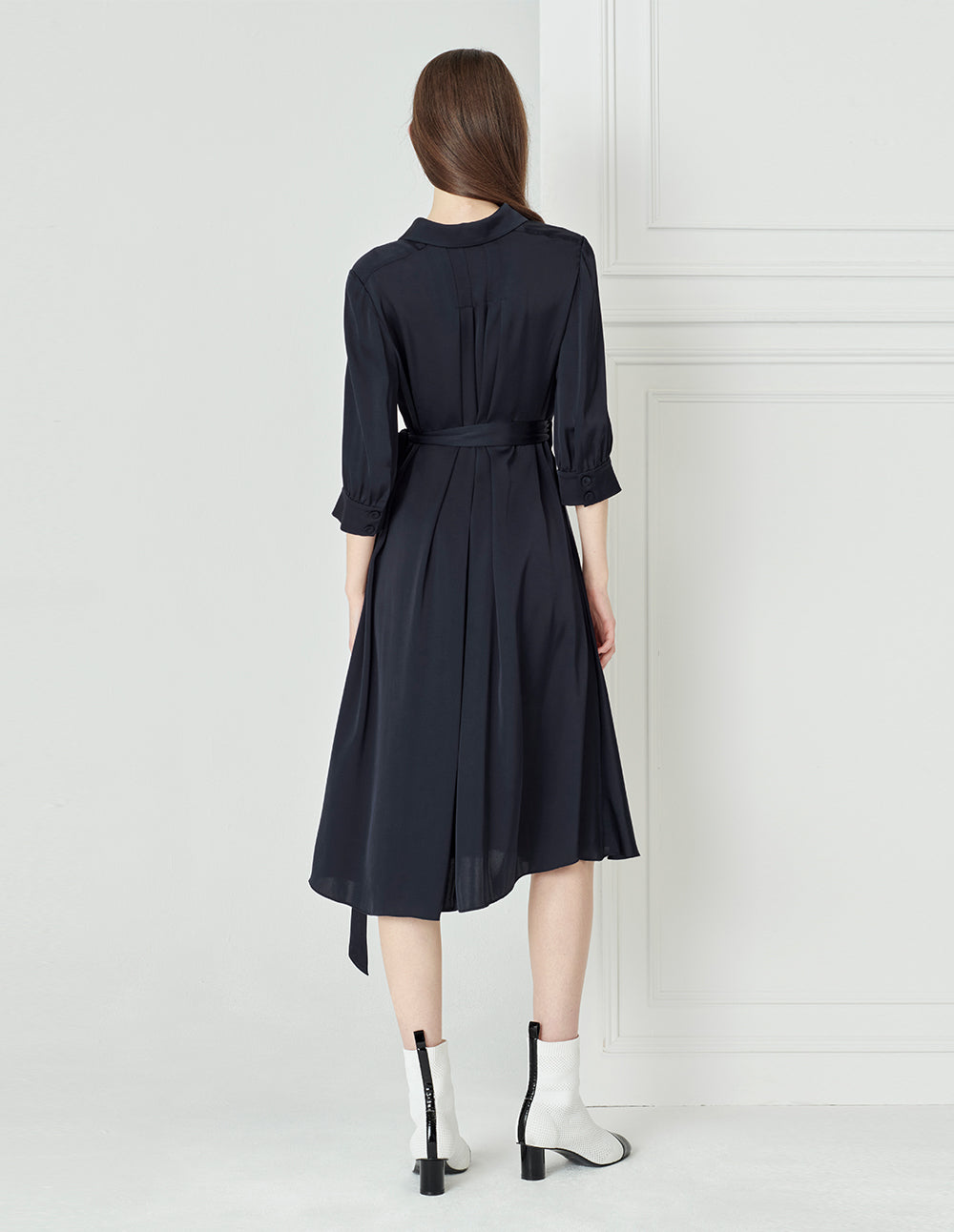 BORA AKSU French Acetate Puff Sleeve Navy Blue Dress